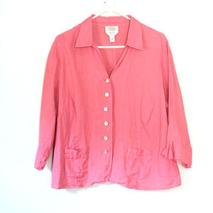 Talbots Top Womens Plus Size 14W Coral Pink Irish Linen Button Up Pockets Ruffle